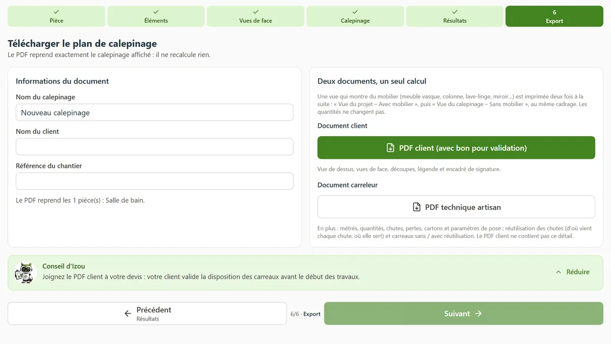 Écran d'export de l'outil de calepinage d'Izi-Devis : informations du document et boutons pour télécharger le PDF client avec bon pour validation et le PDF technique.