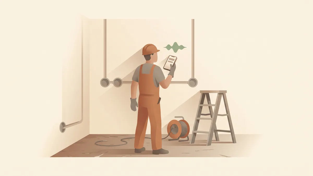 Illustration : un électricien en salopette et casque, de dos, dicte son devis sur son téléphone dans une pièce en rénovation aux saignées encore ouvertes, un enrouleur et un escabeau au sol.