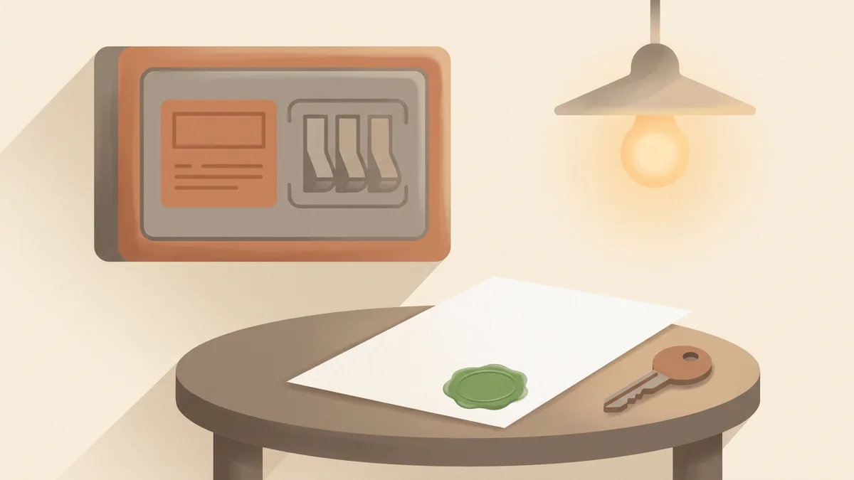 Illustration : un tableau électrique refermé au mur, une ampoule allumée et, sur une table, une attestation scellée d'un cachet vert à côté d'une clé, symbole d'une installation mise en service.