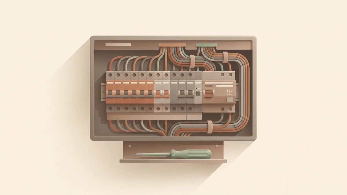 Illustration : un tableau électrique ouvert, avec ses rangées de disjoncteurs modulaires, un interrupteur différentiel et des faisceaux de fils bien rangés, un tournevis testeur posé en dessous.