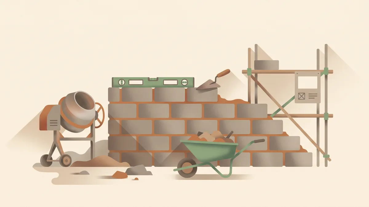 Illustration : un mur en parpaings en cours de montage sur un chantier d'extension, avec bétonnière, brouette, niveau et truelle posés sur le mur, échafaudage sur le côté.