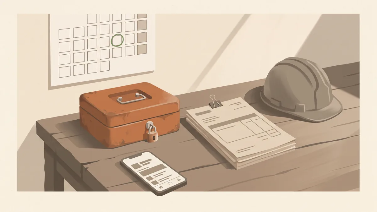 Illustration : sur une table de bureau de chantier, une caisse métallique fermée par un cadenas, une pile de factures pincées, un casque et un calendrier mural dont une case est entourée de vert, comme la date de libération de la retenue.