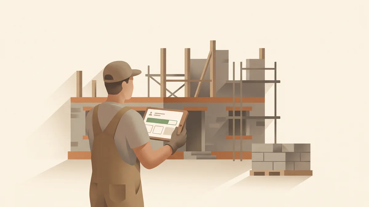 Illustration : un maçon en salopette et casquette, de dos, consulte sur une tablette une barre d'avancement aux deux tiers devant une maison en construction dont le rez-de-chaussée est monté.