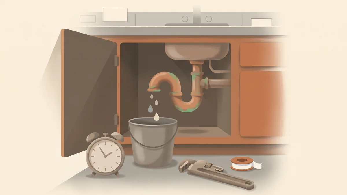 Illustration : sous un évier, un siphon en cuivre fuit dans un seau ; une clé à molette, un rouleau de téflon et un réveil sont posés au sol, signe d'un dépannage urgent.