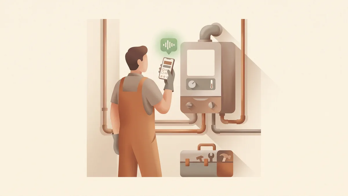 Illustration : un plombier en salopette, de dos, dicte son devis sur son téléphone devant une chaudière murale, sa caisse à outils posée au sol.