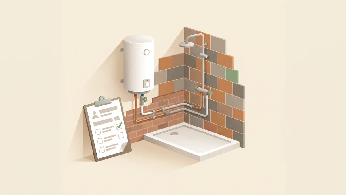 Illustration : une salle de bain en rénovation, avec receveur de douche, cumulus mural, tuyaux en cuivre et un devis posé sur un porte-bloc contre le mur.