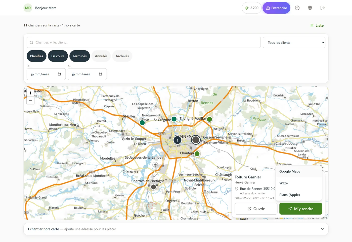 Carte des chantiers autour de Rennes avec des pastilles de couleur par statut, la fiche d'un chantier ouverte et son menu « M'y rendre » (Google Maps, Waze, Plans)