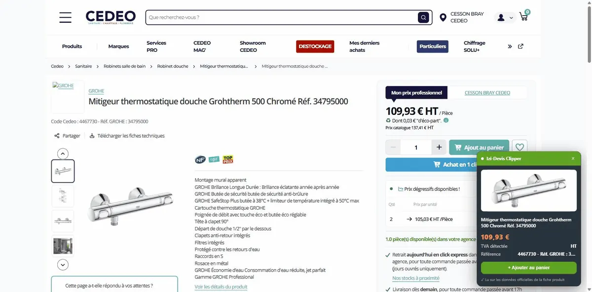 Fiche produit d'un fournisseur (mitigeur thermostatique) avec la carte du Price Clipper affichant le nom, le prix HT et la référence détectés