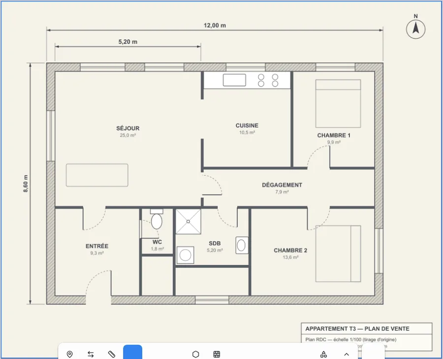 Plan de vente d'un appartement T3 importé en image puis calibré en deux clics : les mesures s'affichent