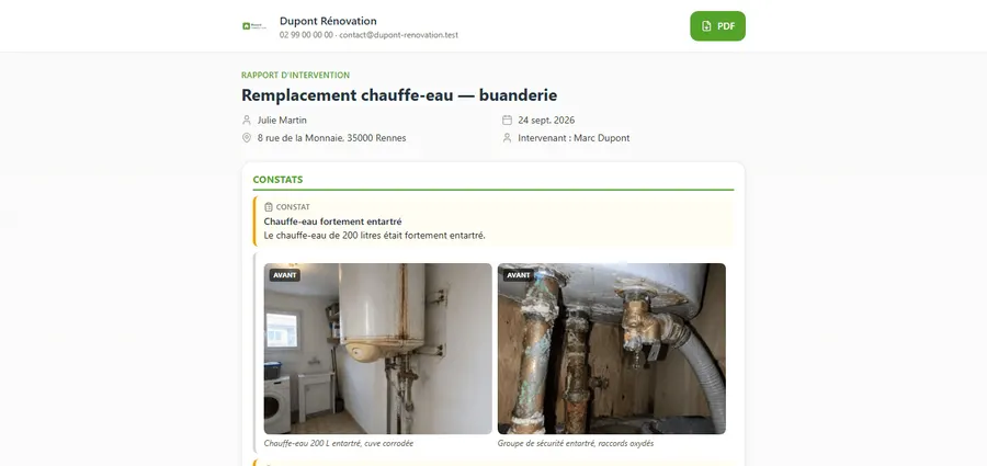 Rapport d'intervention vu par le client en ligne : en-tête (entreprise, client, date), premier constat avec photos avant du chauffe-eau