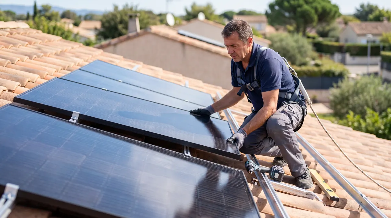 Installateur photovoltaïque fixant un panneau solaire sur les rails d'une toiture en tuiles